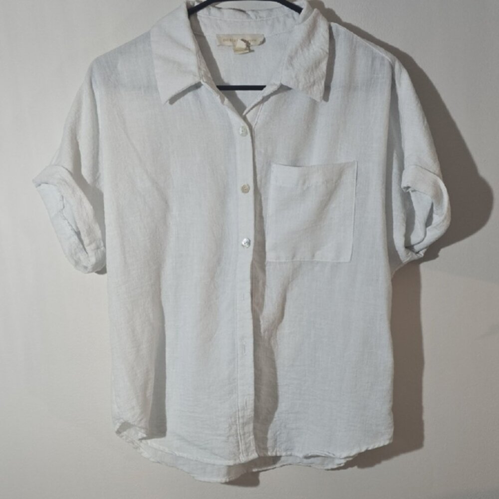 Monteau White Short-Sleeve Button-Up Shirt with Chest Pocket